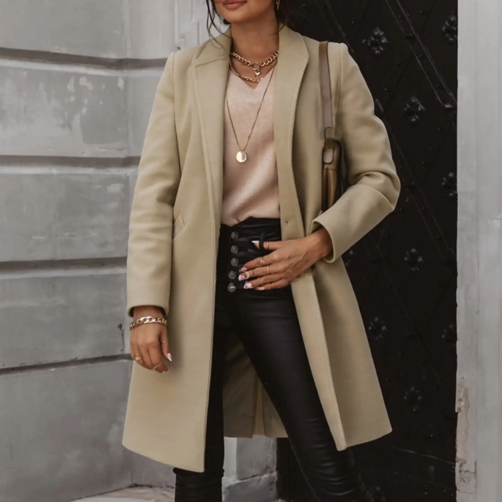 Women Breasted Drop Shoulder Coat Winter Long Trench Pea Coat,Winter Mid-Long Trench Collar Breasted Coat