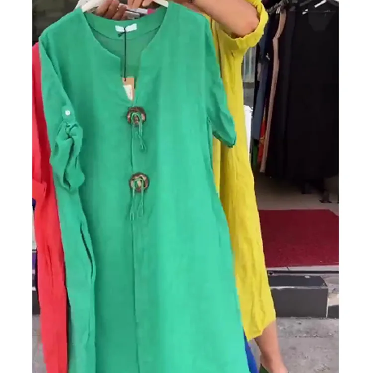 فستان طويل نسائي بأكمام قصيرة ، فساتين فضفاضة غير...