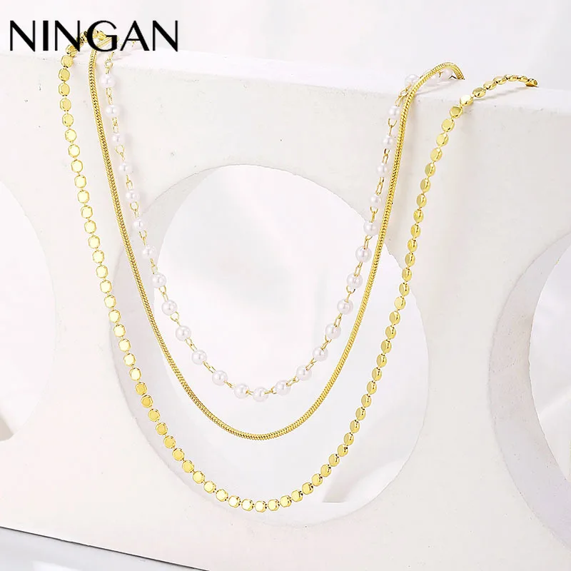 

NINGAN Women Necklace 3-Layer Set Women's Fashion Jewelry Gold Necklace & Pearl Necklaces for Friend Gift