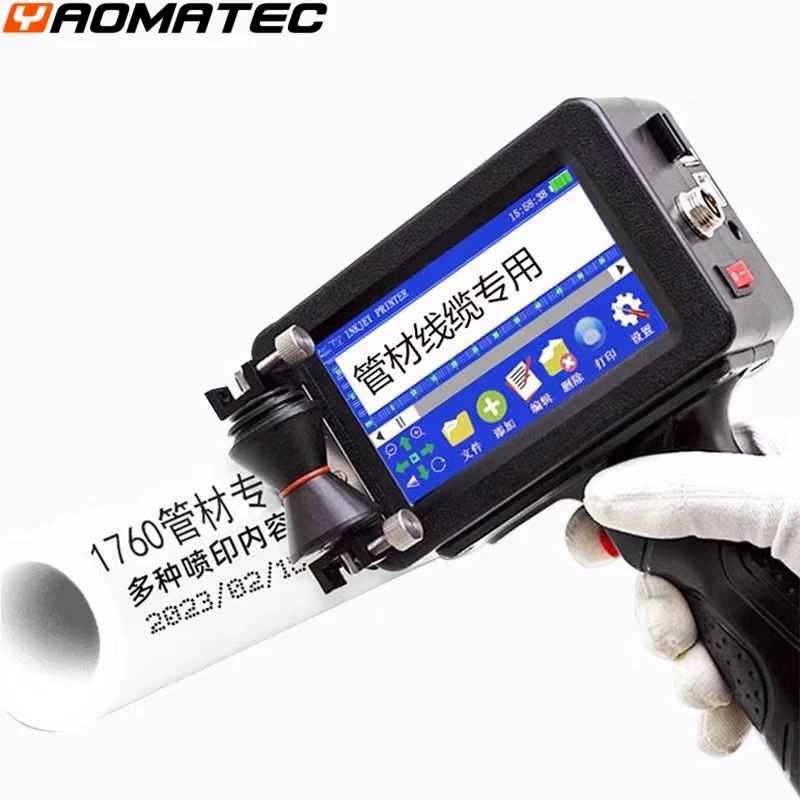 tube printer printing gun QR Bar code number logo expiry date label mask hand je