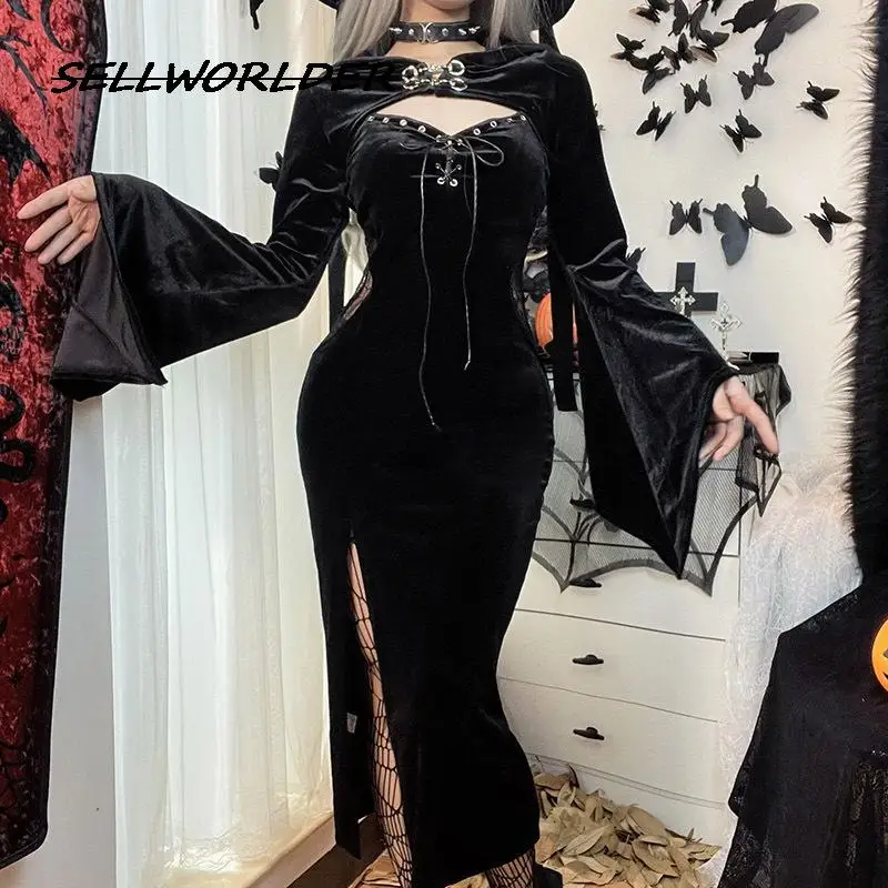 

2023 Woman Dress set Sexy lace sling dress Dark Wednesday girl Halloween long Dress Party Evening Dress