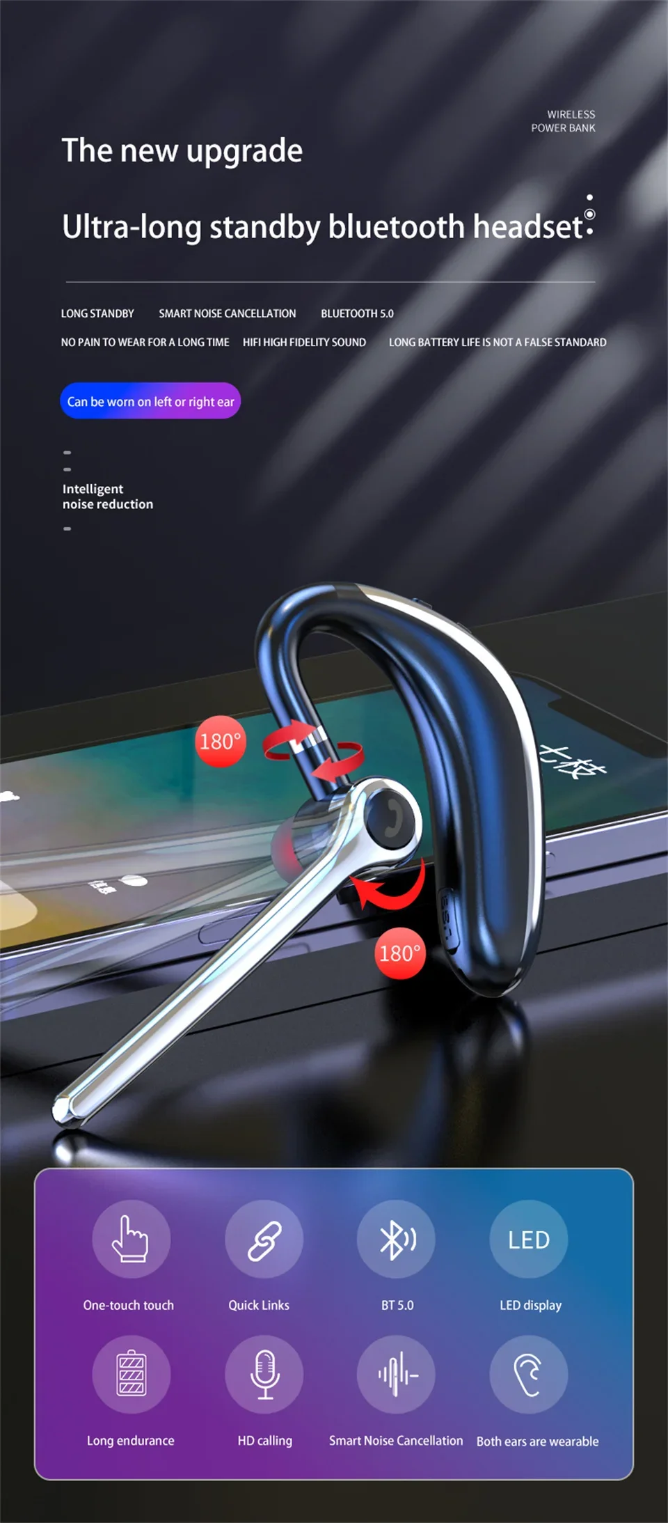 Wireless Headphones Single Ear Bluetooth Earphone With Microphon Noise Cancelling Talking Headset Busines Auriculares Driving