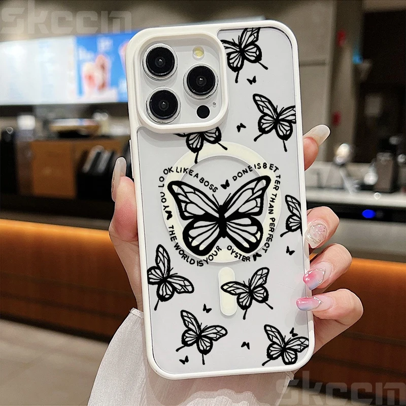 Butterfly Magnetic Transparent Phone Case with Matte Wireless Charging Cover