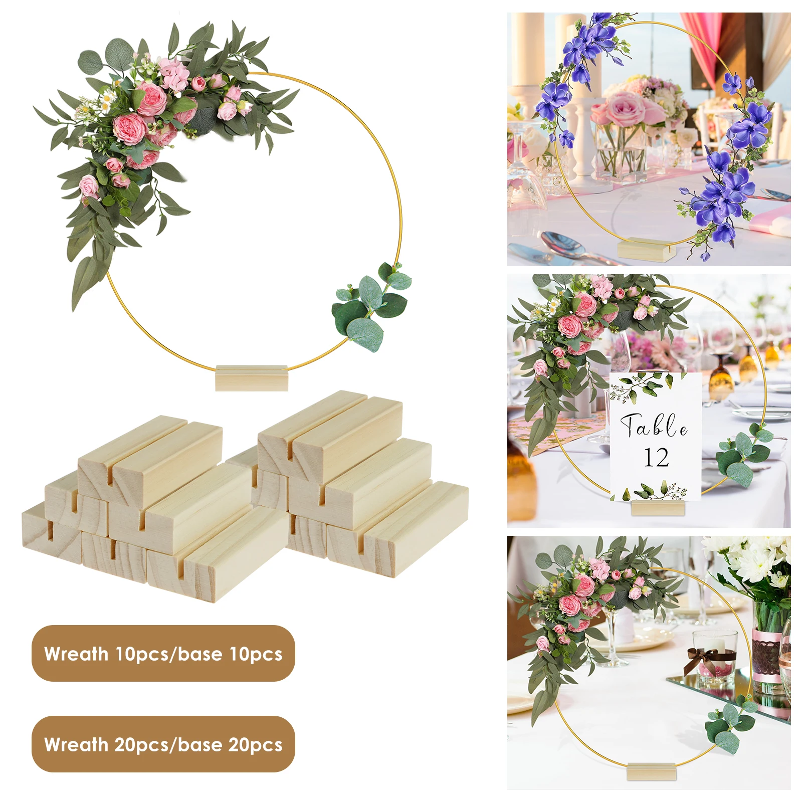 10/20Pcs Metal Floral Hoops Centerpiece 30cm Round DIY Handcraft Garand Rings Holder with Wood Base Wedding Party Table Decor