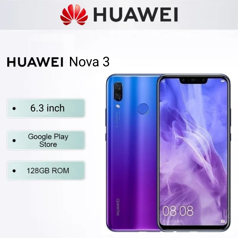 

HUAWEI Nova 3 Smartphone Android Google Play Store 6.3 inch IPS LCD 128GB ROM 24MP+24MP Camera Global ROM Mobile phones