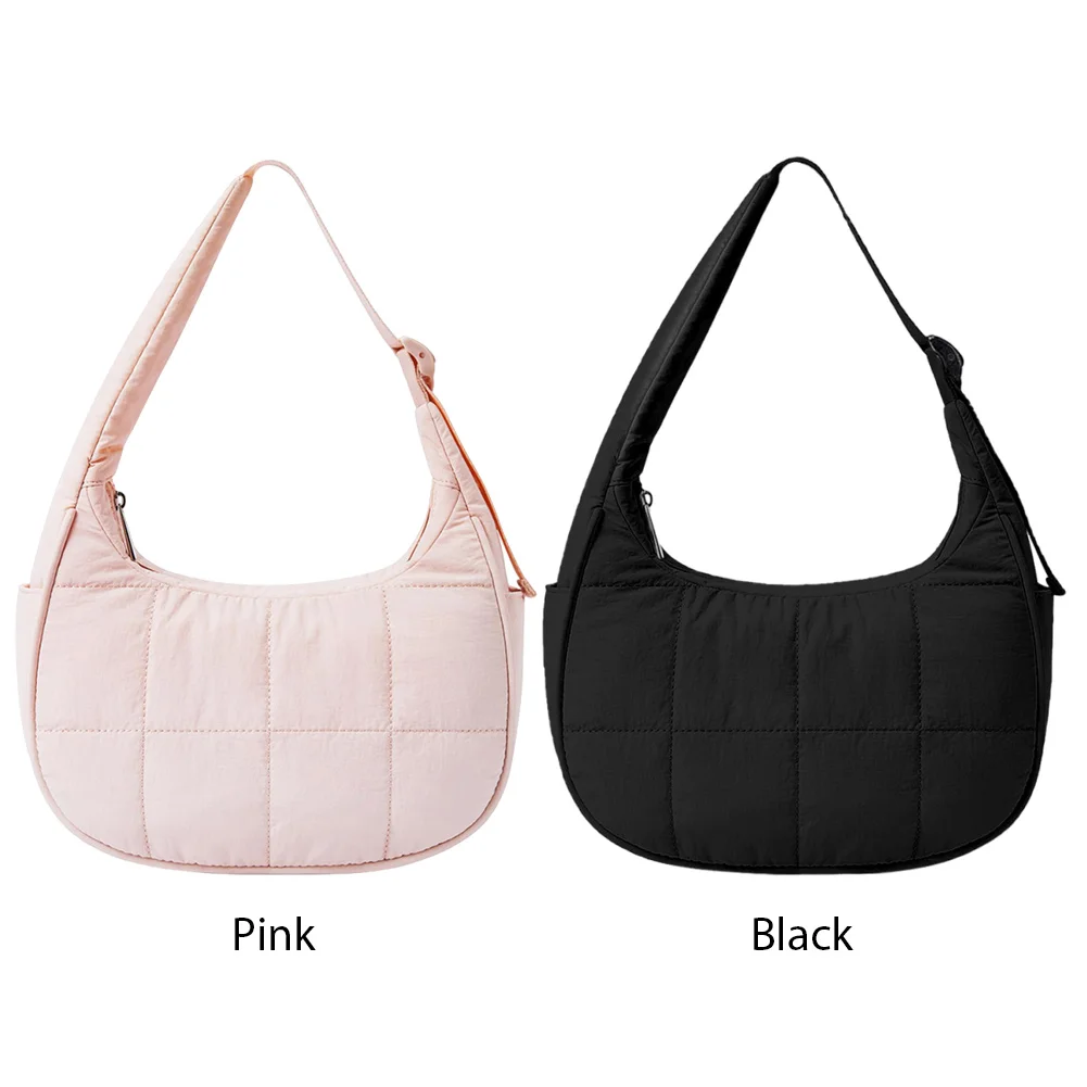 Puffer Crescent Bag for Women Quilted Shoulder Bag Nylon Adjustable Strap Underarm Bag Zipper Handbag for Work Travel