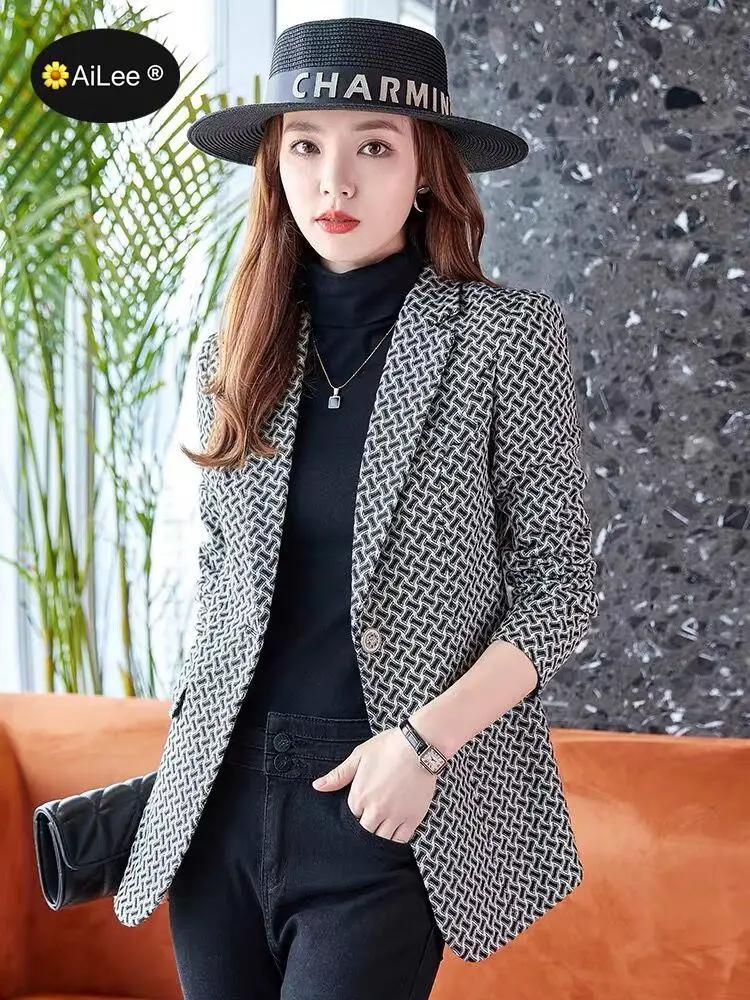 Winter Women Houndstooth Jacke Fashion Plaid Long Sleeve Blazer Lady Office Elegant Ladies Business Single Button Suit Outerwear