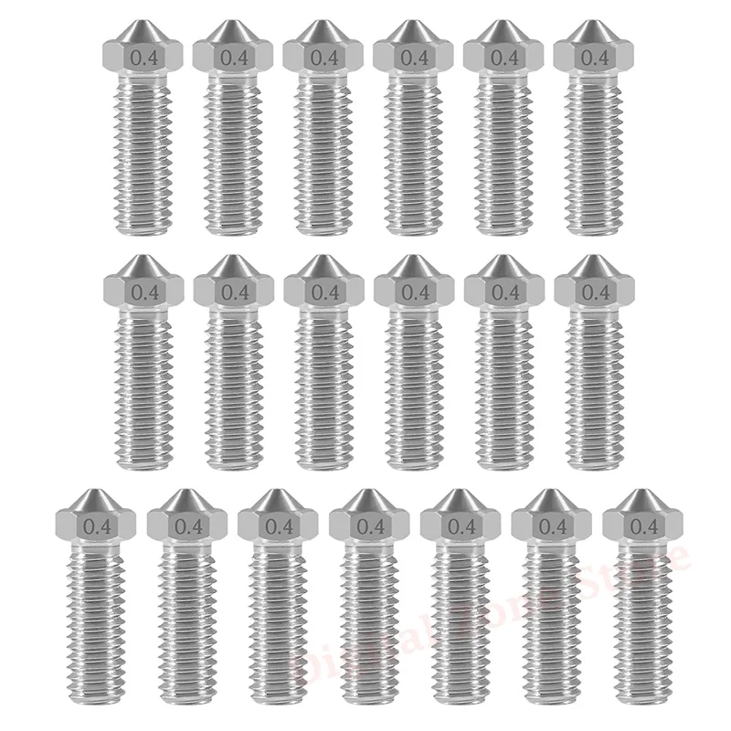 

20Pcs Stainless Steel Nozzles 0.4mm Volcano Nozzle M6 Thread for 3D Printer 1.75mm Filament E3D V5-V6