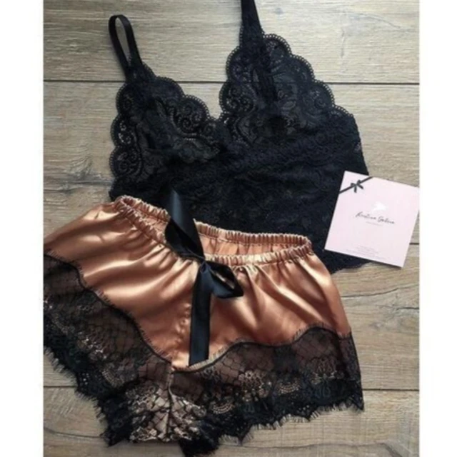 Ensemble pyjama en satin pour femmes, haut en dentelle et short, lingerie sexy, vêtements de nuit 2 pièces, vêtements de nuit respirants d'été, noir et rose