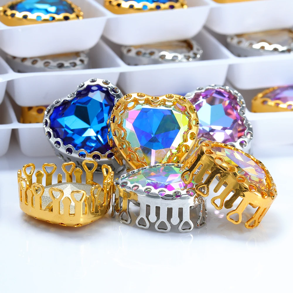 

Multi Sizes Maxi Heart Glass Rhinestone with Nest Copper Claw Sew On Crystal Stone Sewing Accessories for Clothing Decoration