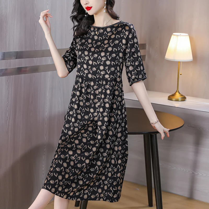 

Summer Fashion Silk Printed Dress For Women 2023 New Elegant Fragmented Round Neck Loose Fit Casual Holiday Dress Vestidos