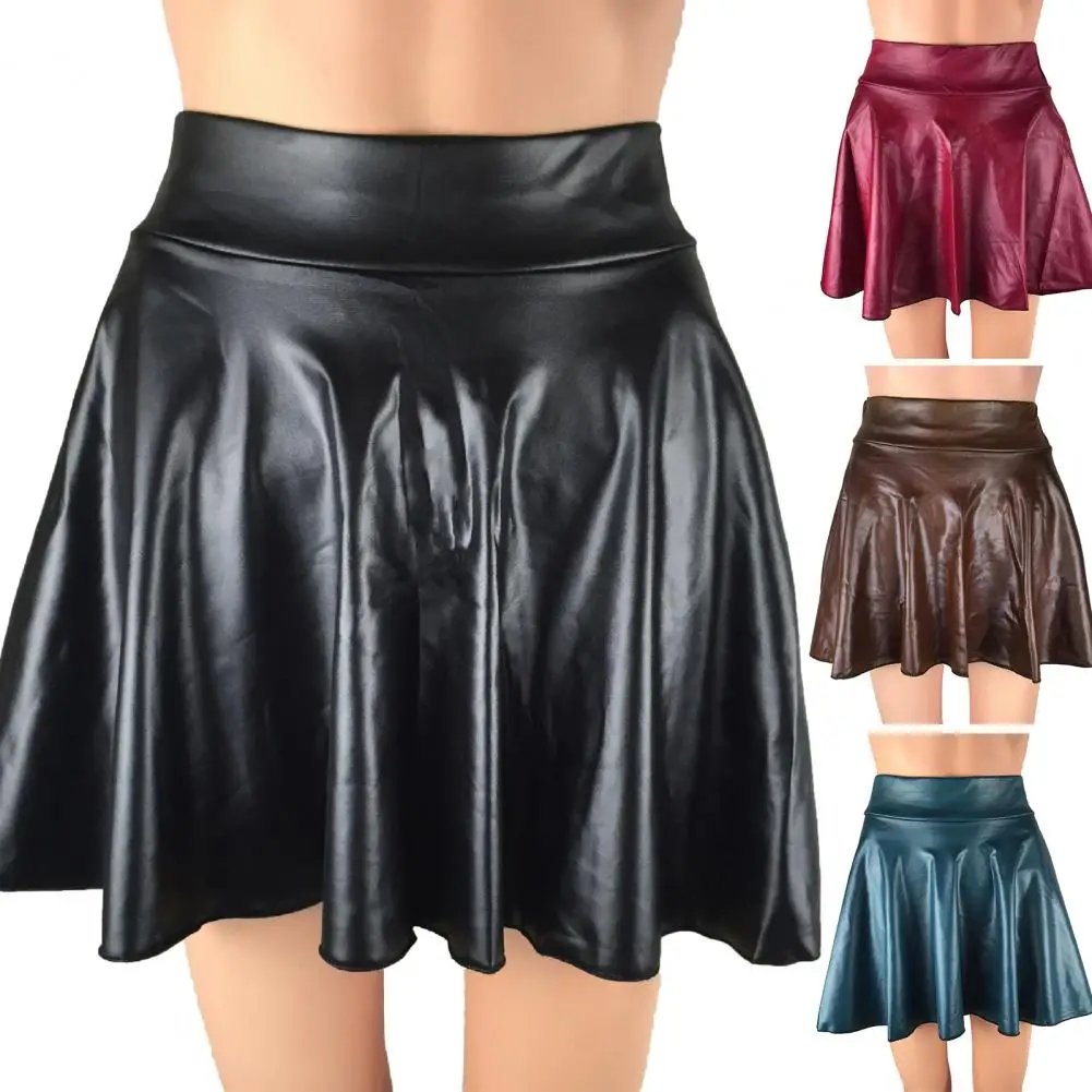 

Women Mini Skirt Loose Hem Solid Color High Waist Hidden Zipper Breathable Dress-up Faux Leather Pleated Summer Skirt