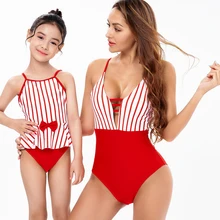 

New 2022 Summer Family Matching Outfits for Beach Parent-child Swimwear Bikini Style Red Sleeveless Striped Large Swimsuit