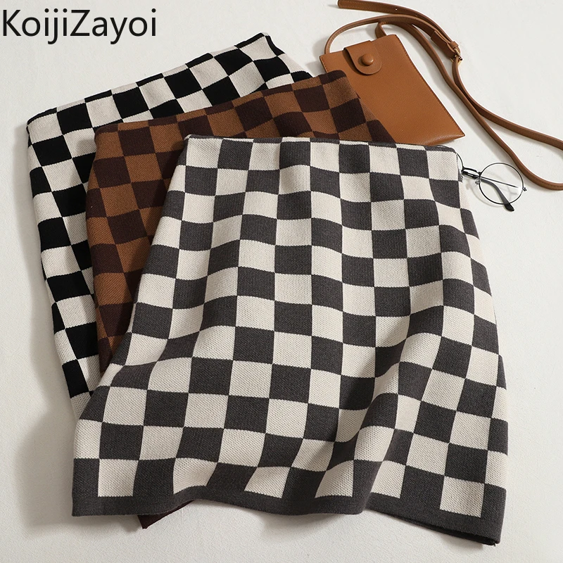 

Koijizayoi Plaid Women High Waist Mini Short Skirt Knitted Lady Vintage Skirts 2022 Autumn Winter Fashion A Line Faldas Korean