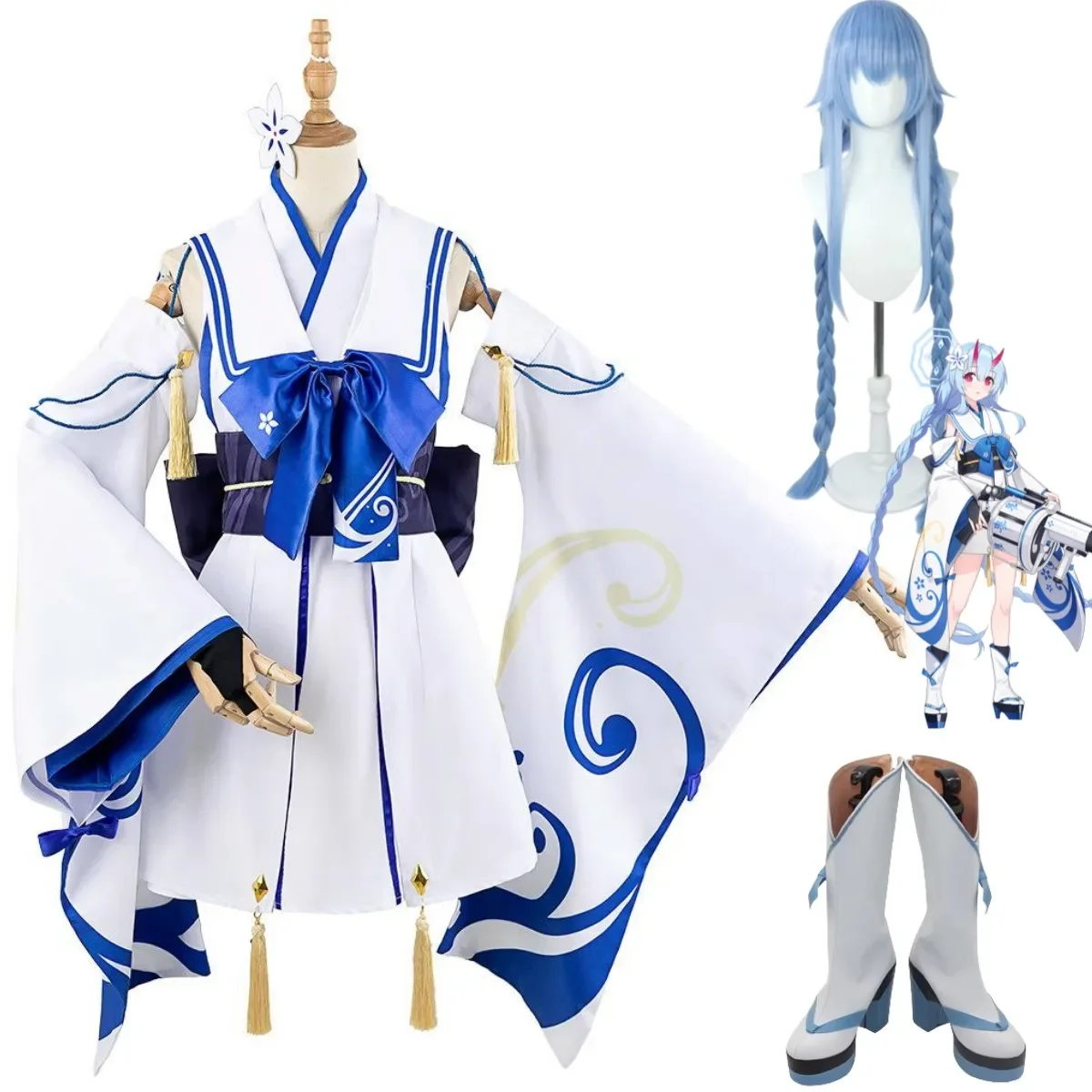 

Anime Game Blue Archive Waraku Chise Cosplay Costume Wig Japanese Kimono Strapless Dress Shoes Woman Sexy Carnival Party Suit