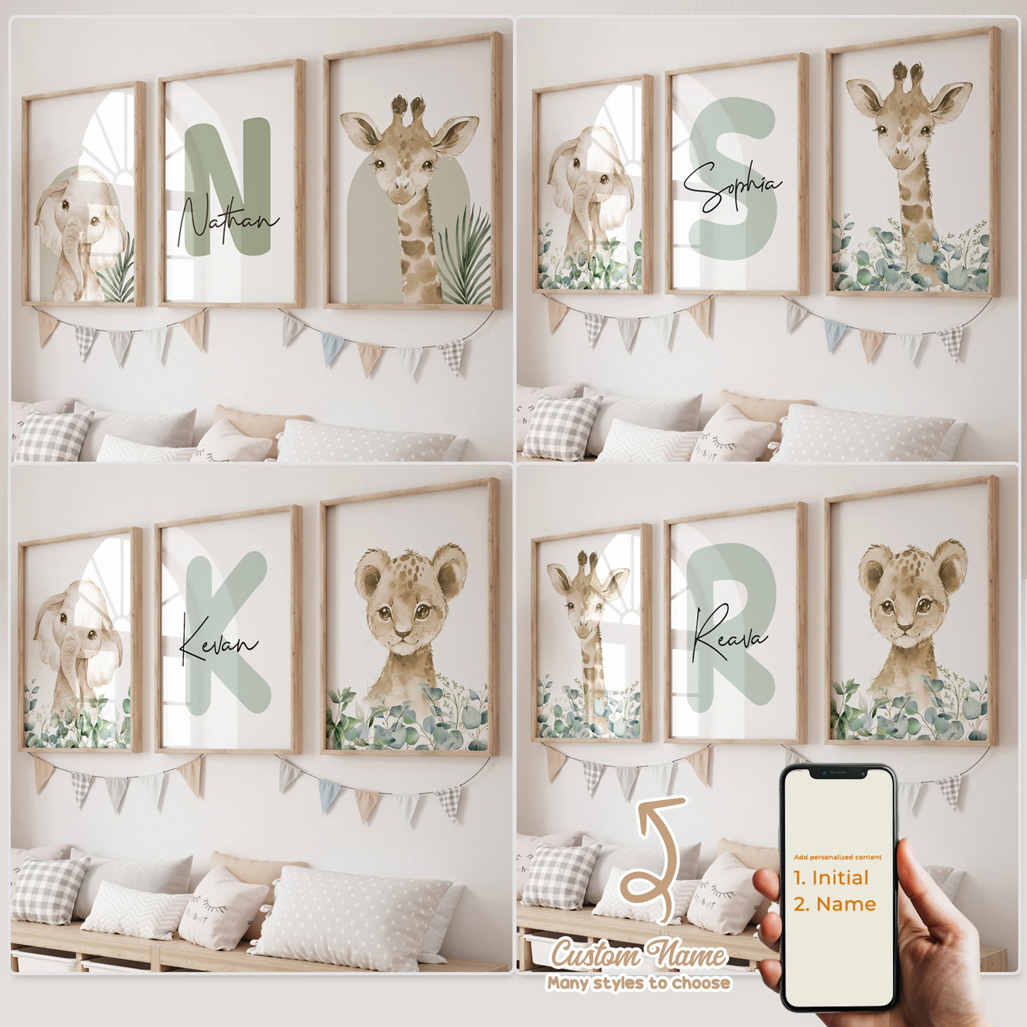 3pcs Personalized Custom Name Cartoon Forest Animals Wall Art Print Picture Canvas Poster Painting For Living Room Home Decor 1