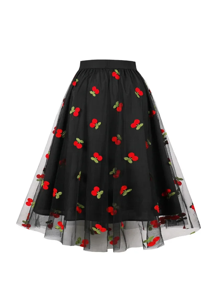 

2023 New Fashion Cherry Embroidery Black Mesh Ladies Skirt Vintage High Waist Sweet A Line Boho Beach Big Swing Midi Long Skirts