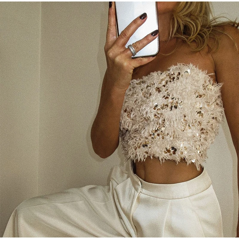 Sexy Plush Sequin Strapless Tube Tops Women Retro Solid Feather Glitter Sleeveless Corset Tops Female Spring Chic Streetwear