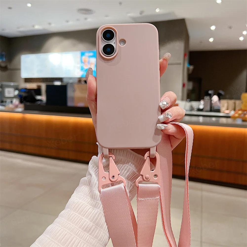 Étui de téléphone en silicone mat avec lanière large et collier bandoulière pour iPhone 16 15 14 Pro Max 13 12 11 XR XS MAX Housse mate antichoc_voghion.com