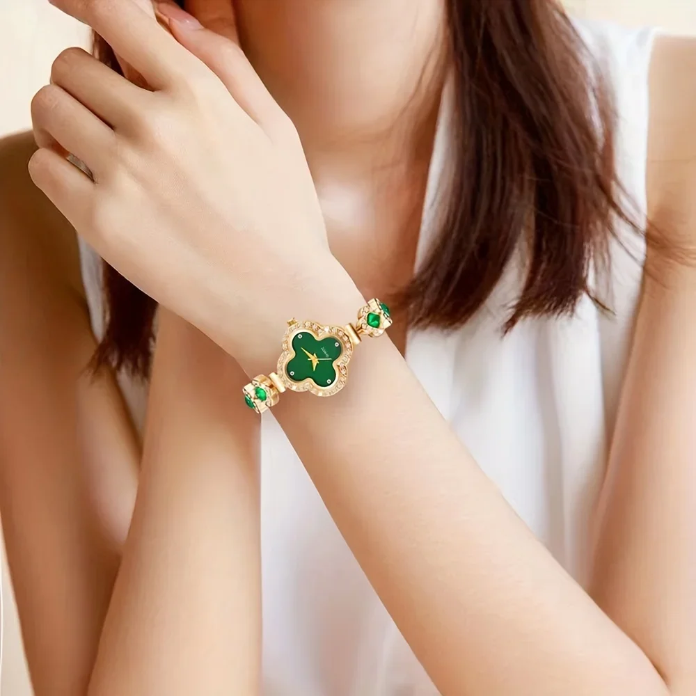 2pcs/set Women's Watch Luxury Rhinestone Clover Pointer Quartz Watch Steel Band Bracelet Wrist Watch & LOVE Bangle, Gift For Her 6