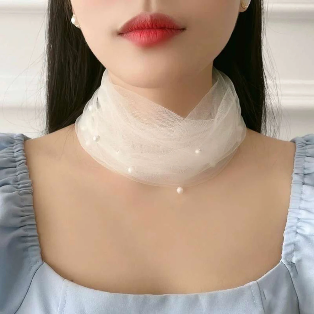 Mesh Fake Pearl Collar Scarf Lace Beaded Scarf Elegant Women Fake Collar Scarves Sun Protection Female Headband Bib Accessory