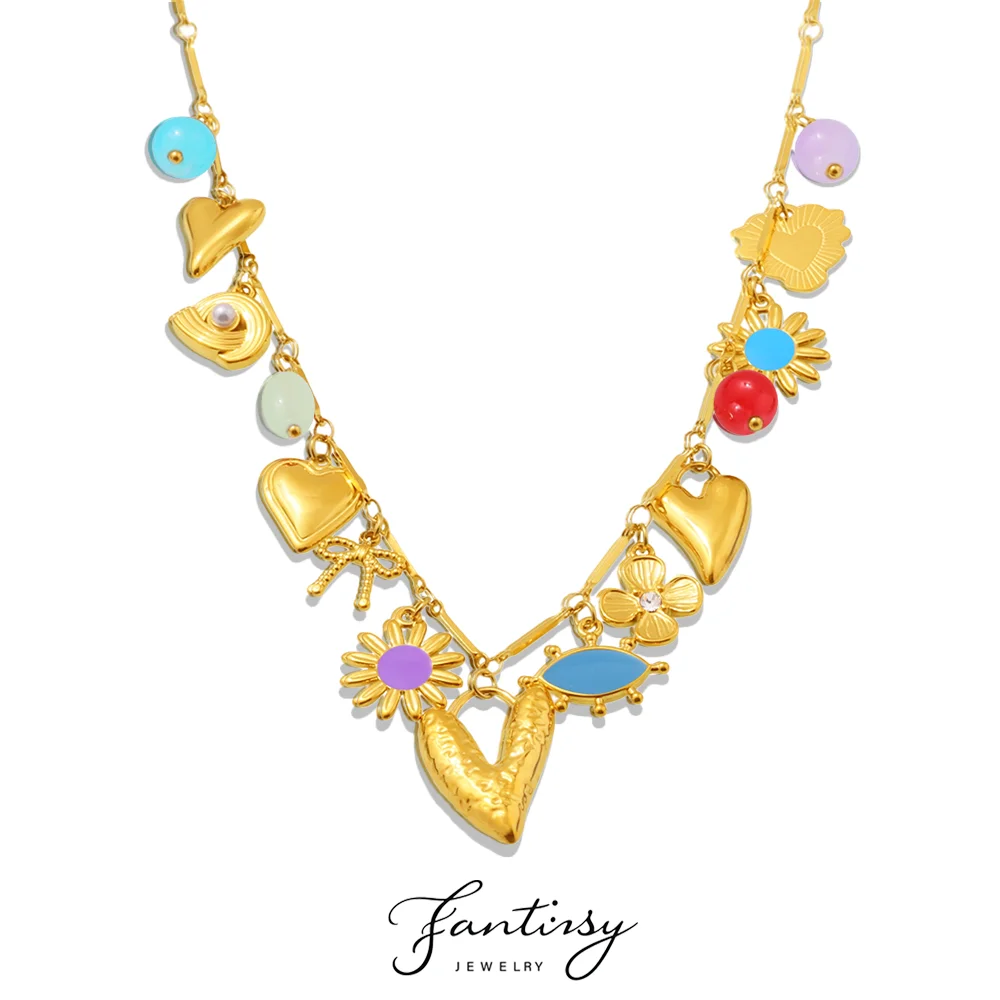 Bunte Emaille-Blumen-Halskette für Damen, Naturstein, Edelstahl, 18 Karat vergoldet, Herz-Anhänger-Halskette, Charm-Schmuck