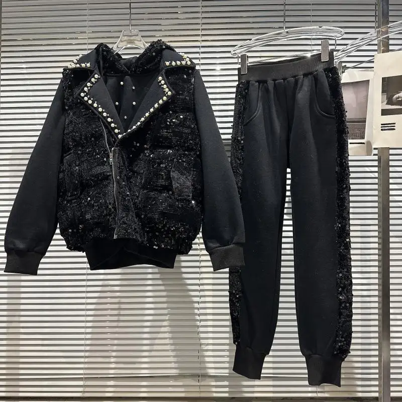 

New Autumn Winter Women Three-piece Set Sleeveless Sequins Vest Coat + Pullover Hoodie Top + Casual Harem Pants Trendy 3pcs Suit