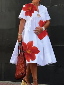 Modigirl Women's Summer New Dress 2025 V-Neck Pleated Short Sleeves White Loose Flower Print Casual Midi Dresses for Woman 1
