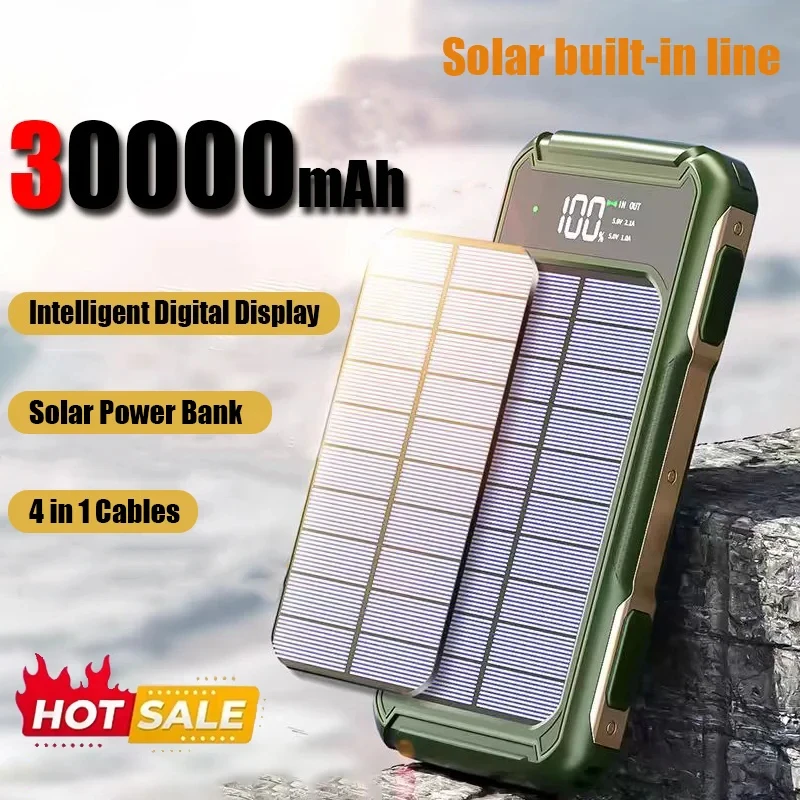 30000mAh High Capacity Solar Power Bank  Intelligent Digital Display Built-in 4-wire Cables Laser Light for Huawei Xiaomi IPhone 2
