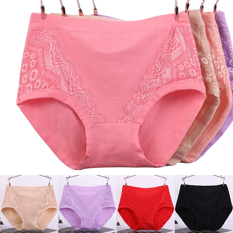 

1pc High Waist Plus Size Briefs Cotton Lace Lingerie Xl-6xl Soft Breathable Antibacterial Panties Underpants Women's Underwear