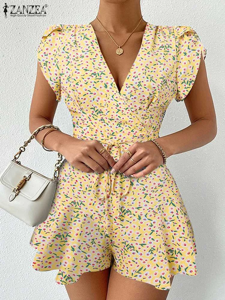 

ZANZEA Women Bohemian Overalls Fashion Floral Rompers 2023 Summer Wrapped V Neck Short Bud Sleeve Cinched Waist Short Jumpsuits