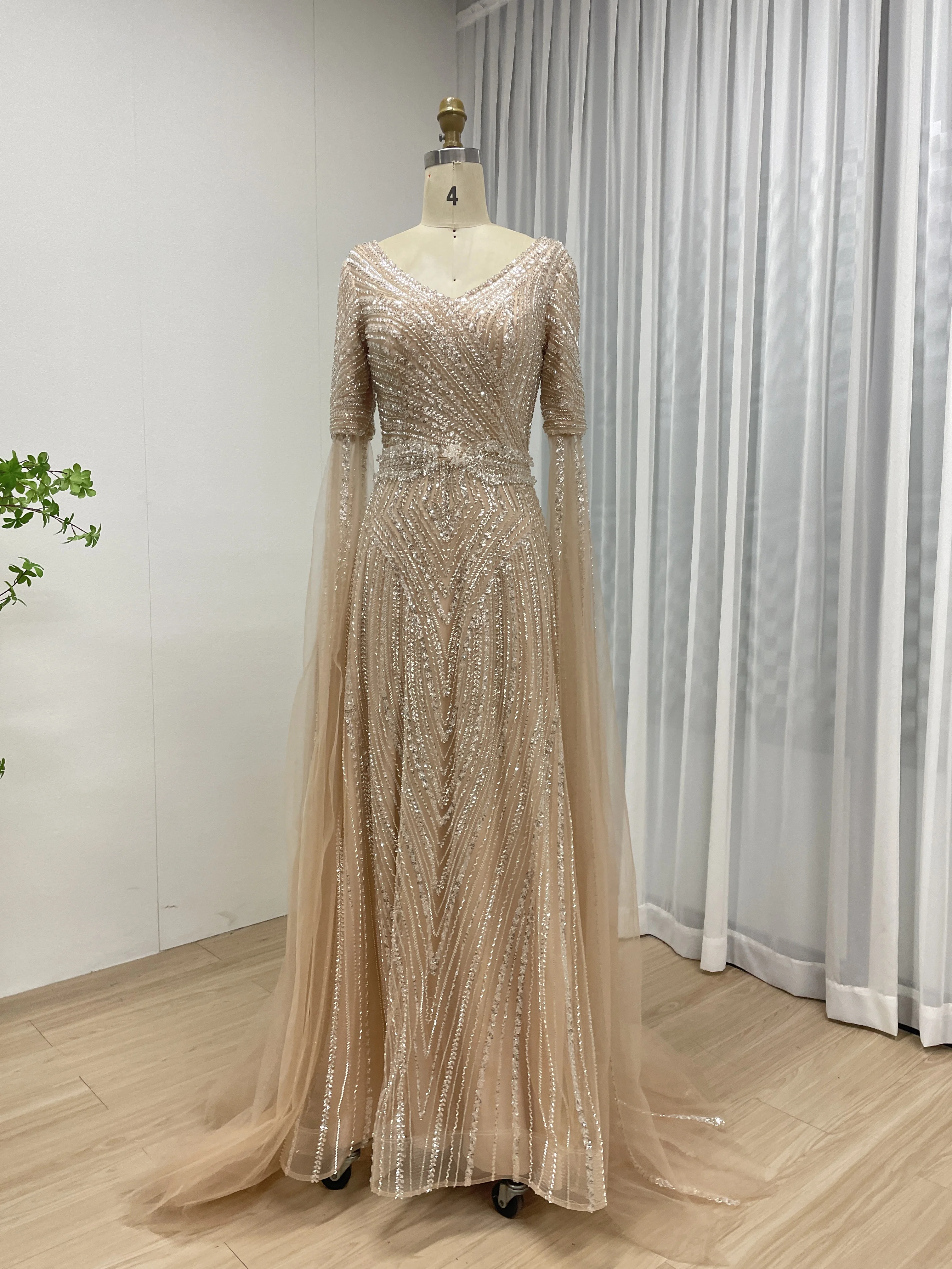 MYMB 2025 Dubai Luxuriöses rosa langes Abendkleid für Frauen, muslimisches langes Ärmel-Pailletten-formales Abschlussball-Partykleid, maßgeschneidert MB 40298 – Detail 9