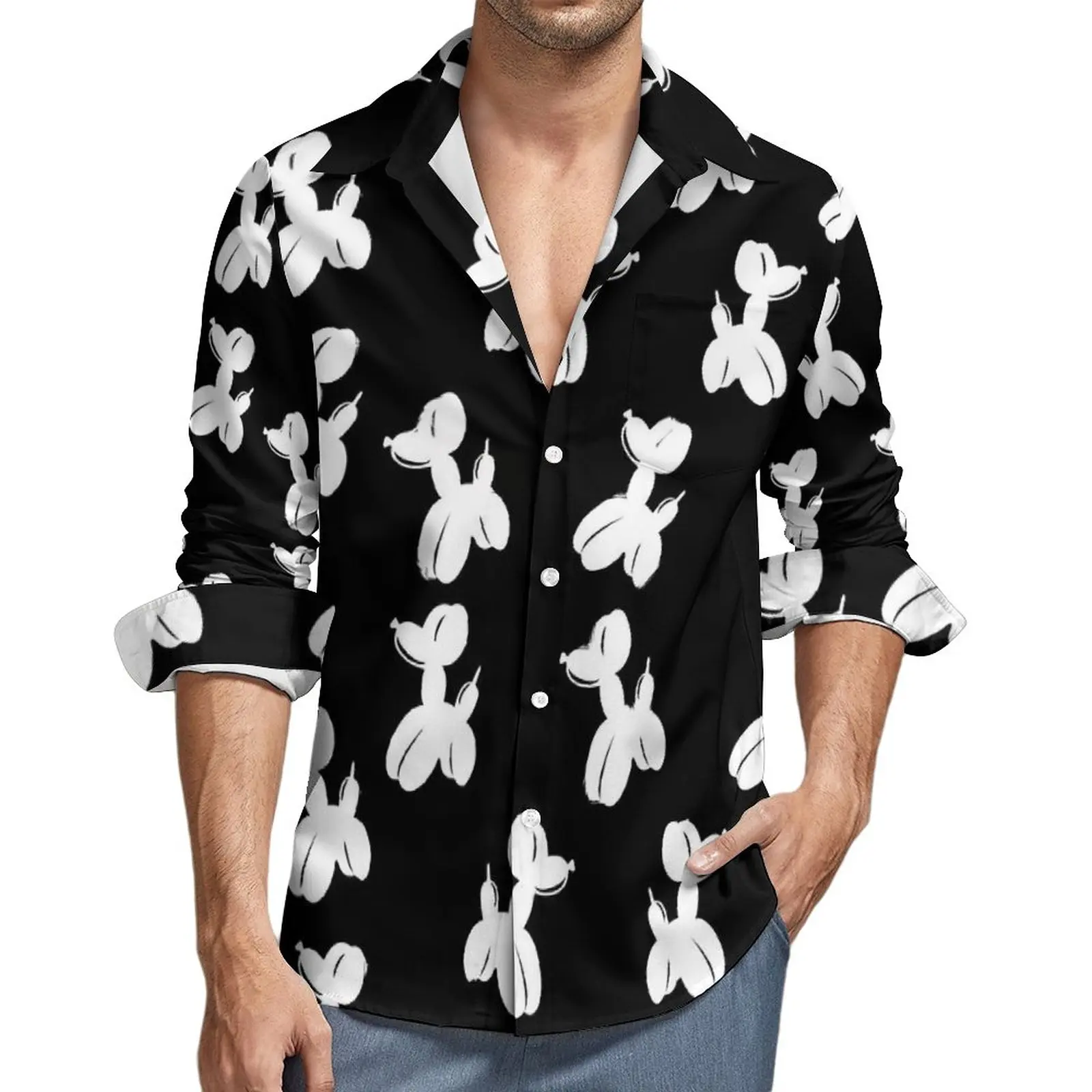 

White Balloon Dog Aesthetic Casual Shirt Man Animal Print Shirt Spring Trending Blouses Long Sleeve Graphic Oversized Clothing