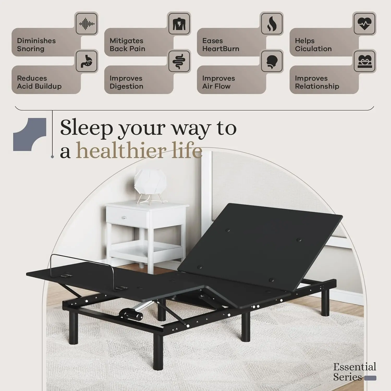 Essential Adjustable Bed Base (Frame Only), Easy Assembly, Head and Foot Lift, Memory Positions, Zero Gravity, Wireless Remote
