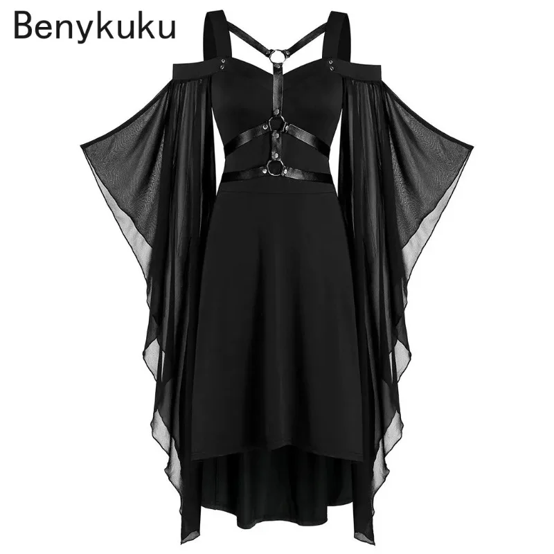 

Vintage Mesh Flare Sleeve Goth Punk Dress Sexy Belt Cross Lace Up Patchwork Black Gothic Long Dress Plus Size Women Clothing 5XL