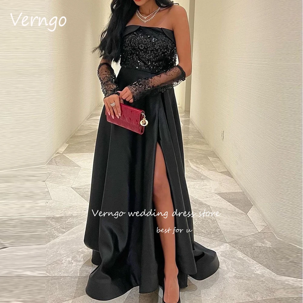 

Verngo Saudi Arabic Modern Black Evening Dresses A Line Long Strapless Shiny Glitter Prom Gowns Formal Party Occasion Dress 2023