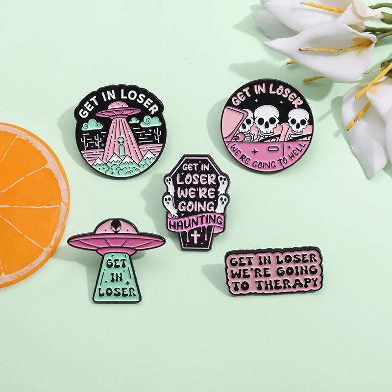 Holen Sie sich im Verlierer wir gehen zur Hölle Emaille Pin Punk Skelett Alien UFO Broschen Kleidung Revers Abzeichen Halloween Schmuck Zubehör – Detail 8