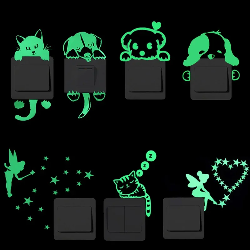 Glow Sticks Luminous Wall Stickers Fluorescent Stickers Luminous Switch Stickers Luminous Switch Paste LED Cover Stickers Home Decor White Background Luminous Wall Sticker Cat Star Fairy Carved Luminous Sticker Switch Decorative