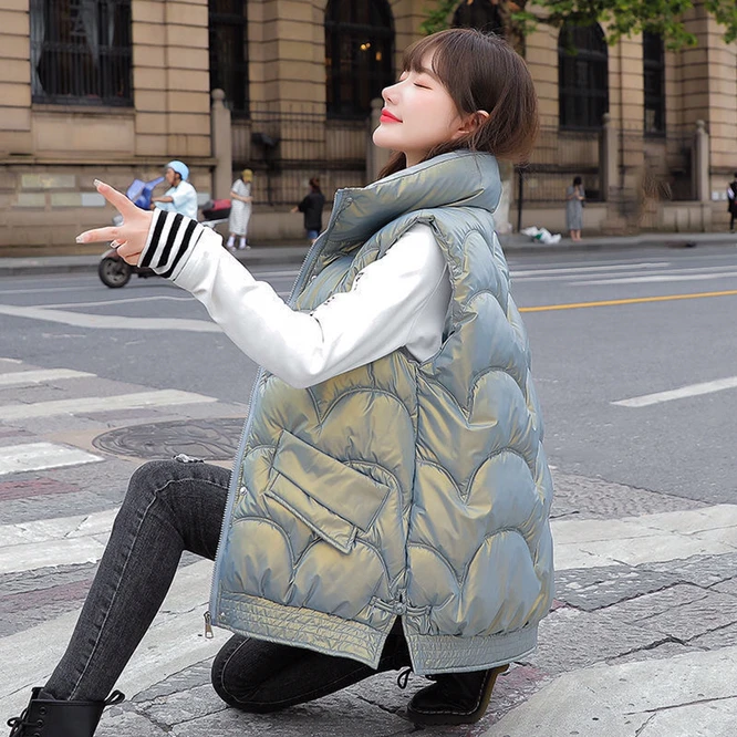 designer puffer coat 2021 Autumn Winter Korean Loose Women's Vest Down Cotton Bright  Fabric Wearing Warm Vest Girl Outdoor Student Blue bubble coat women Coats & Jackets