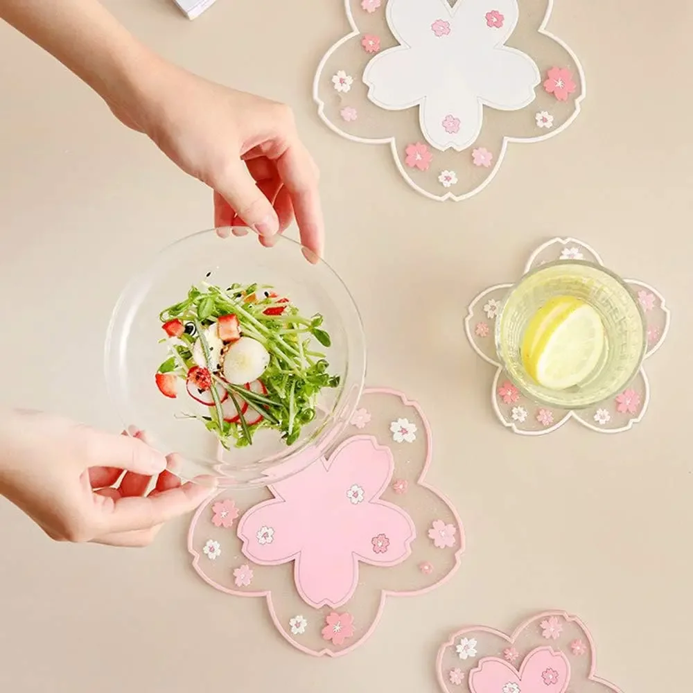 Coaster 2PCS Cute Cherry Blossom PVC Home Tea Mug Pink Flower Pattern Anti-Skid Pot Bowl Pad Placemat for Desk Drink
