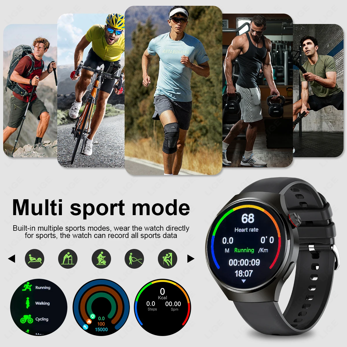 LIGE Mens Smart Watch 360 * 360 Bluetooth Call Health Monitoring Smartwatch Outdoor Sports 3ATM Waterproof Smart Watch for Men