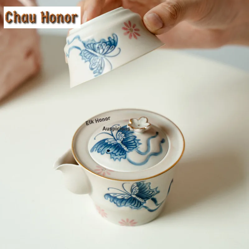 Pure Hand-painted Butterfly Daisy Travel Tea Set Kit Boutique 1 Pot 2 Cups Tea Maker Organizer Portable Picnic Tote Bag Supplies