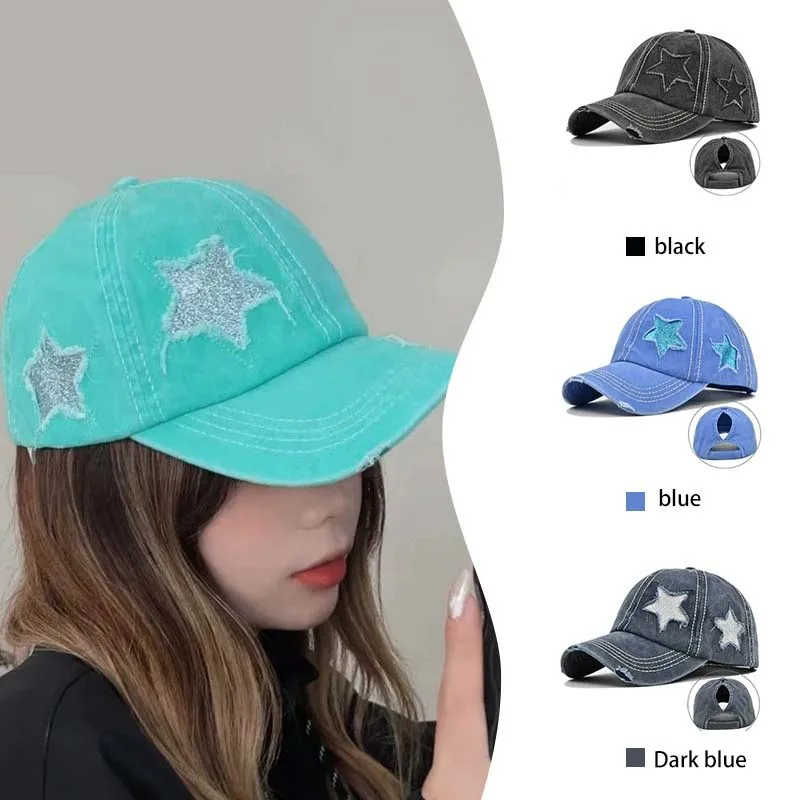Women Ponytail Baseball Cap Washed Cotton Sun Hat Pentagram Sequins Hip Hop Snapback Hats Adjustable Sport Golf Hat