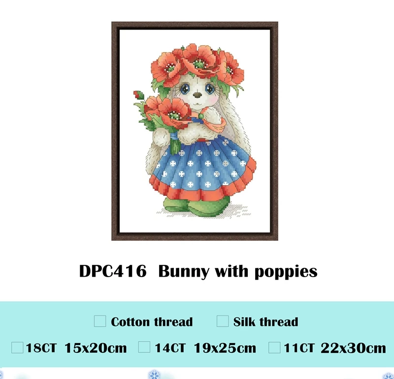 Whimsical Bunny and Poppies Cross Stitch Kit for Beginners - Cartoon Pattern with White Cotton Fabric and Thread