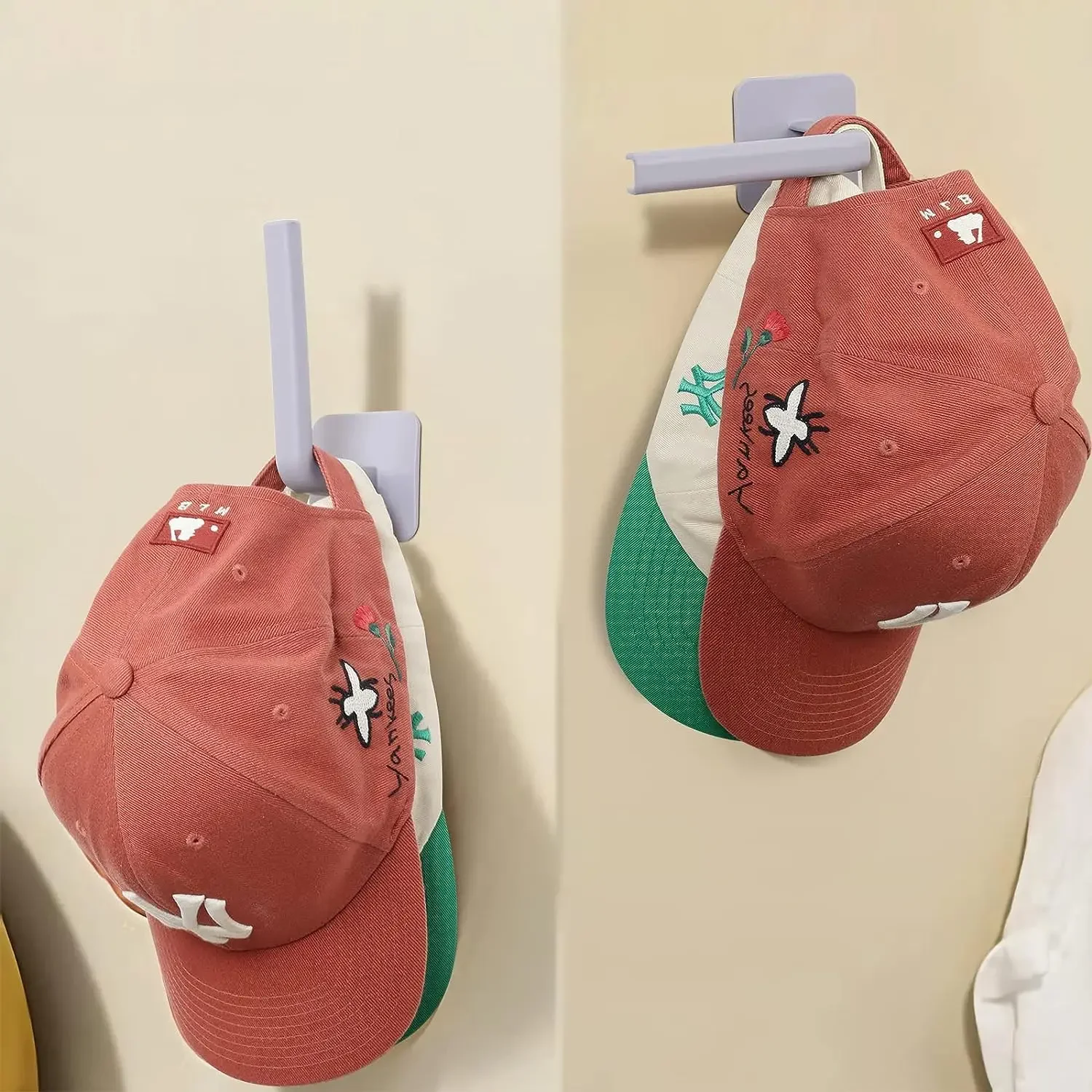 Wall-Mounted Double Hook Hat Rack for Baseball Cap Storage - Easy Install  Adhesive Holder for Hats, Towels, and More