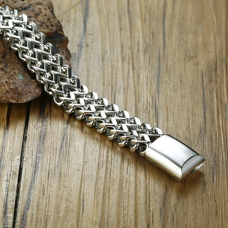 12mm Stainless Steel Men's Silver Color One Chain Double Rows Wristband Magnetic Clasp Bracelet titanium steel bracelet
