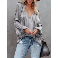 Plus Size Fashion Long Sleeve V Neck Office Casual Shirt Women Elegant Simple Loose Blouse Ladies Pleated Solid Color Top - Image 2