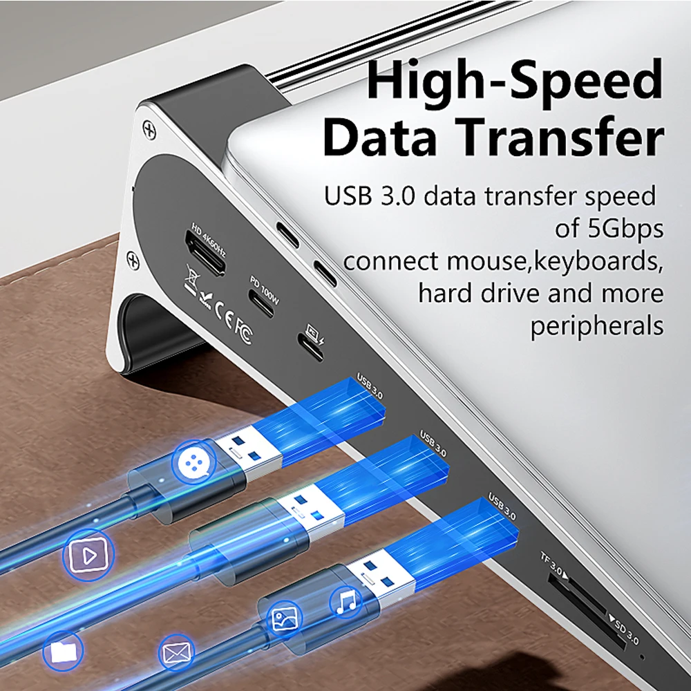 KEBIDUMEI 노트북 브래킷 USB 3.0 허브 7 in 1 USB C 도킹 스테이션 PD 100W 4K 60Hz 기가비트 이더넷 노트북 스탠드 액세서리