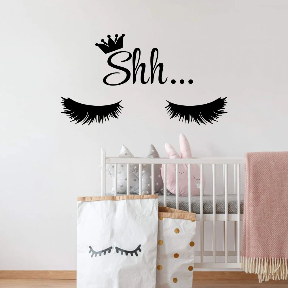 Cartoon Shh Eyelashes Crown Wall Sticker Baby Nursery Kids Sleeping Room  Eye Lash Girl Wall Decal Bedroom Vinyl Home Decor| | - AliExpress