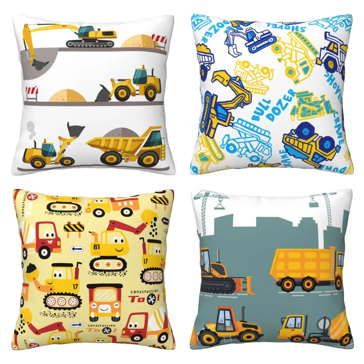 

Construction Toy Truck Throw Pillow Cover Set of 4 Square Decor Home Pillow Case Printed For Sofa Protector 18 x 18 Inch